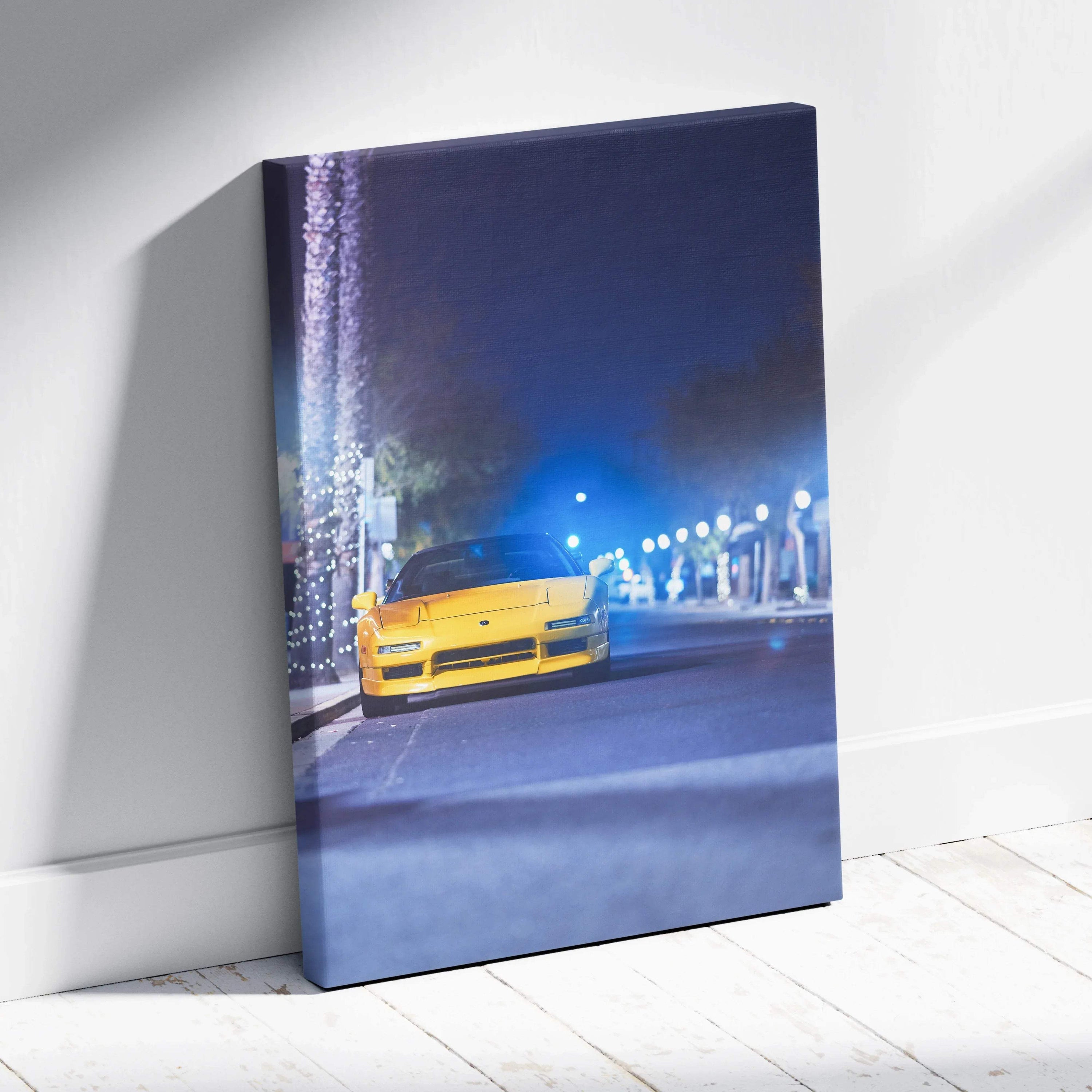 Vertical canvas wall art featuring a yellow Acura NSX car at night with streetlights and trees.