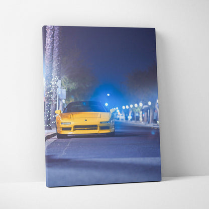 Vertical canvas wall art featuring a yellow Acura NSX on a nighttime street, museum-quality print.