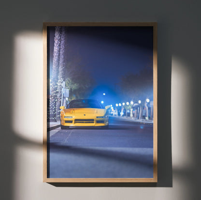 Acura NSX poster wall art featuring a yellow NSX car on a nighttime street with illuminated lampposts.