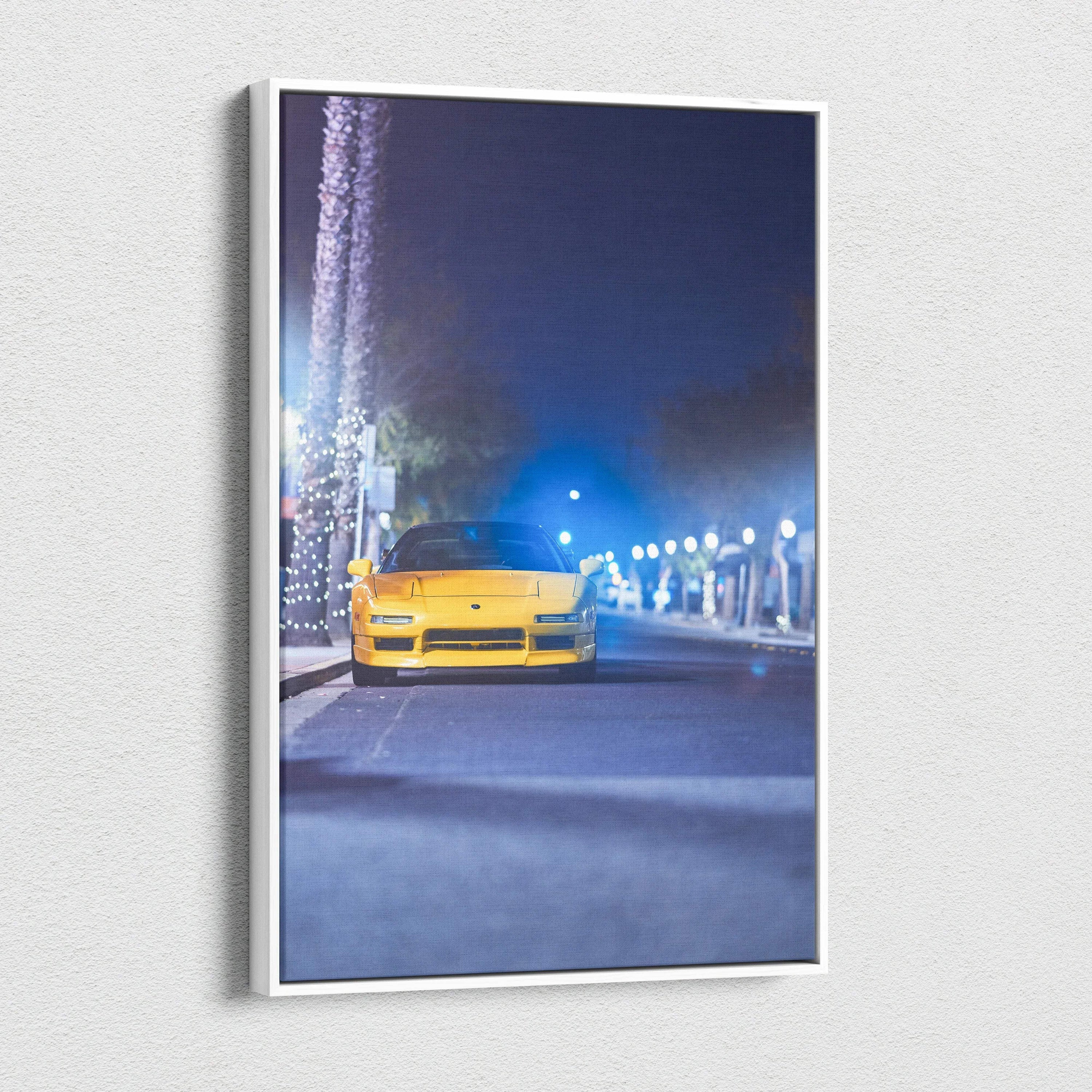 Vertical canvas art wall print of yellow Acura NSX car at night with streetlight reflections.