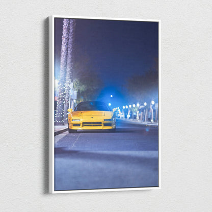 Vertical canvas art wall print of yellow Acura NSX car at night with streetlight reflections.