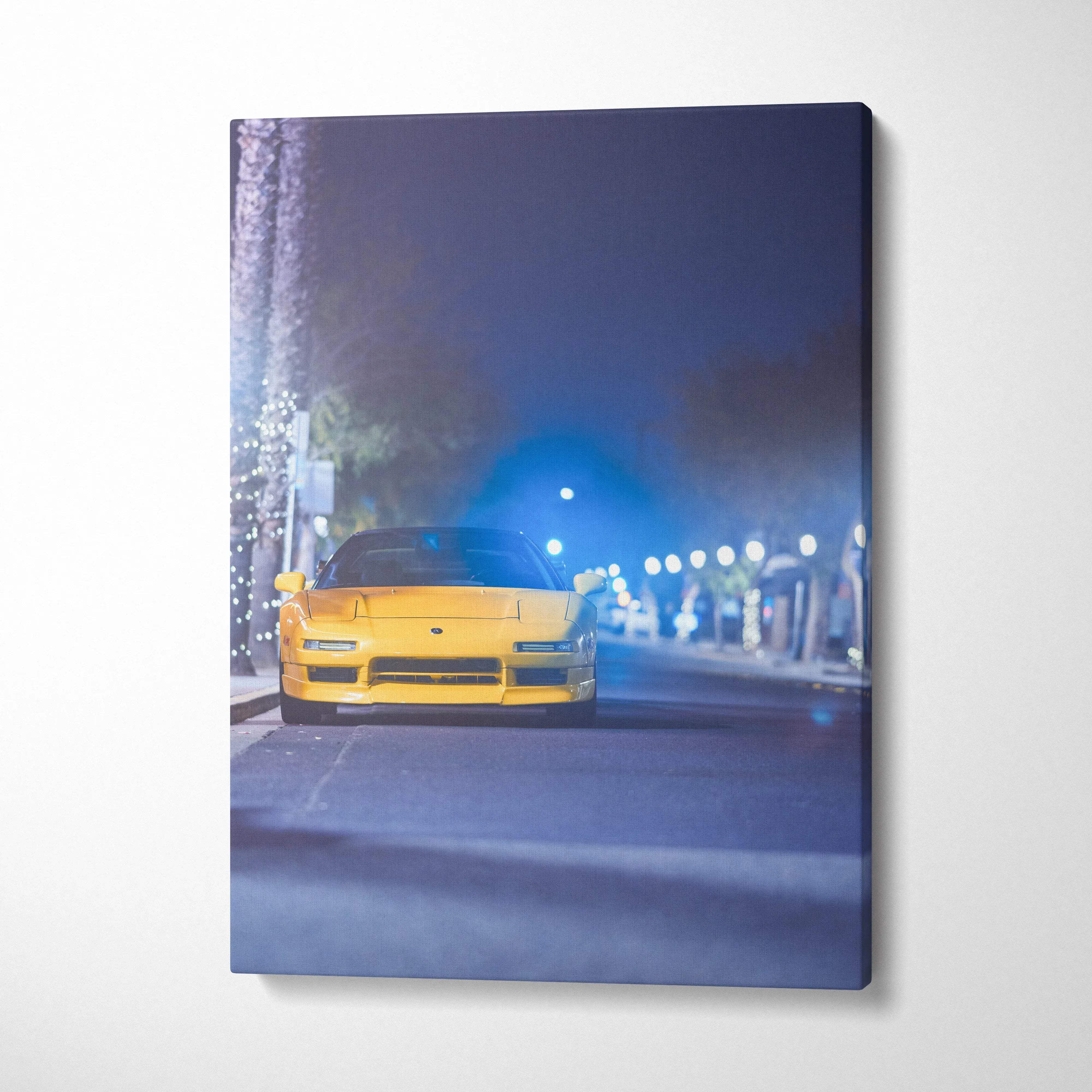 Vertical canvas wall art featuring a yellow Acura NSX car on a nighttime street scene.