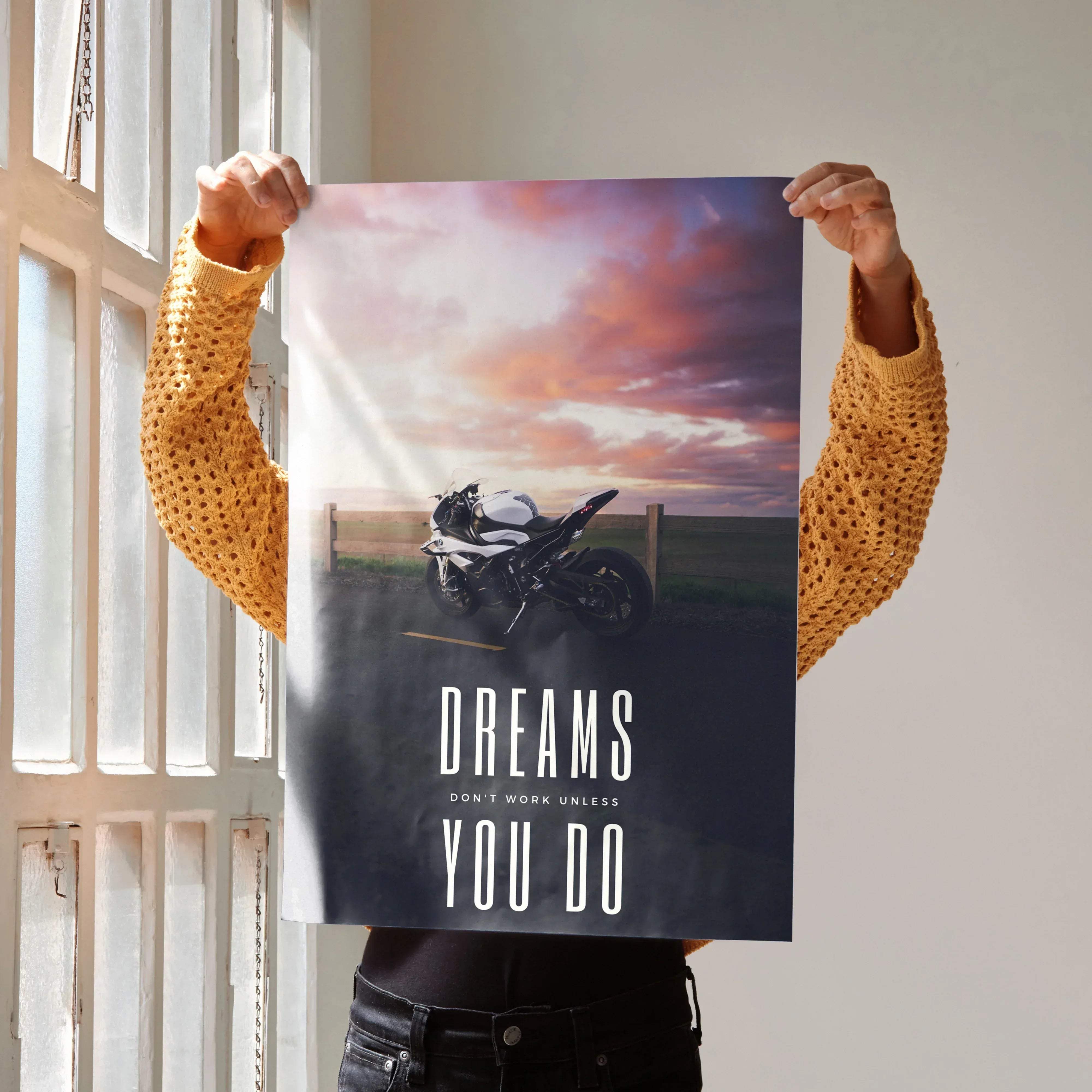 Bmw inspired motivational poster featuring a sleek white and black s1000rr sportbike with inspiring text dreams dont work unless you do
