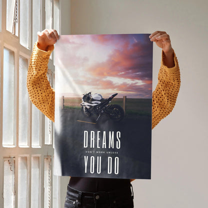 BMW S1000RR motorcycle poster with motivational text "Dreams don't work unless you do" wall art in sunset setting.