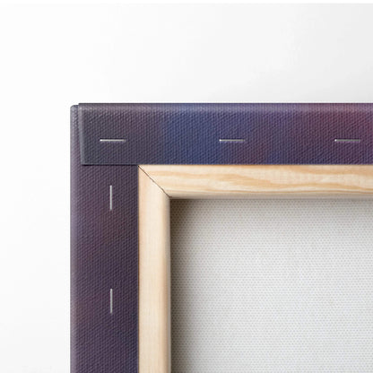 Close-up of wooden frame corner and stretched canvas texture for wall art print.