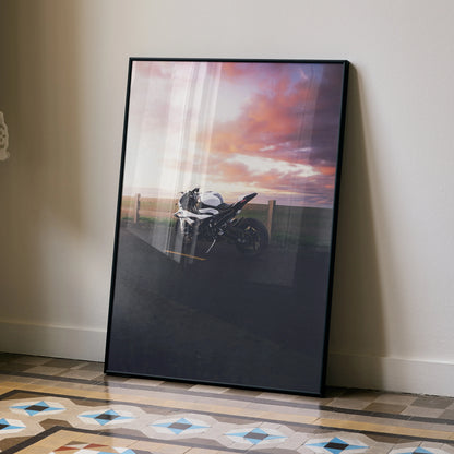 BMW S1000RR motorcycle poster with vivid sunset sky, modern wall art in black frame.