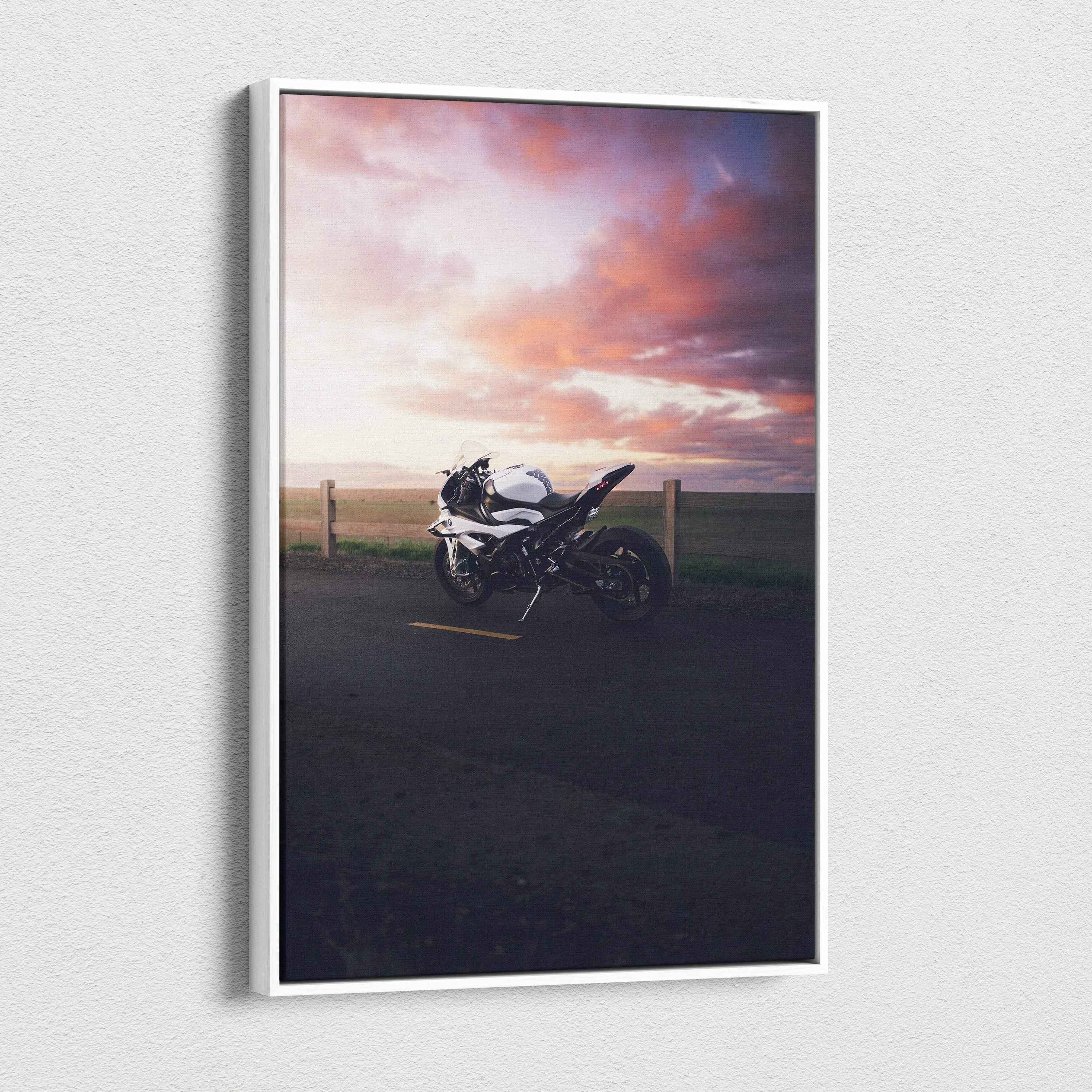 BMW S1000RR motorcycle at sunset on high-resolution vertical canvas wall art.