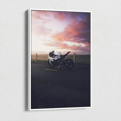 BMW S1000RR motorcycle at sunset on high-resolution vertical canvas wall art.