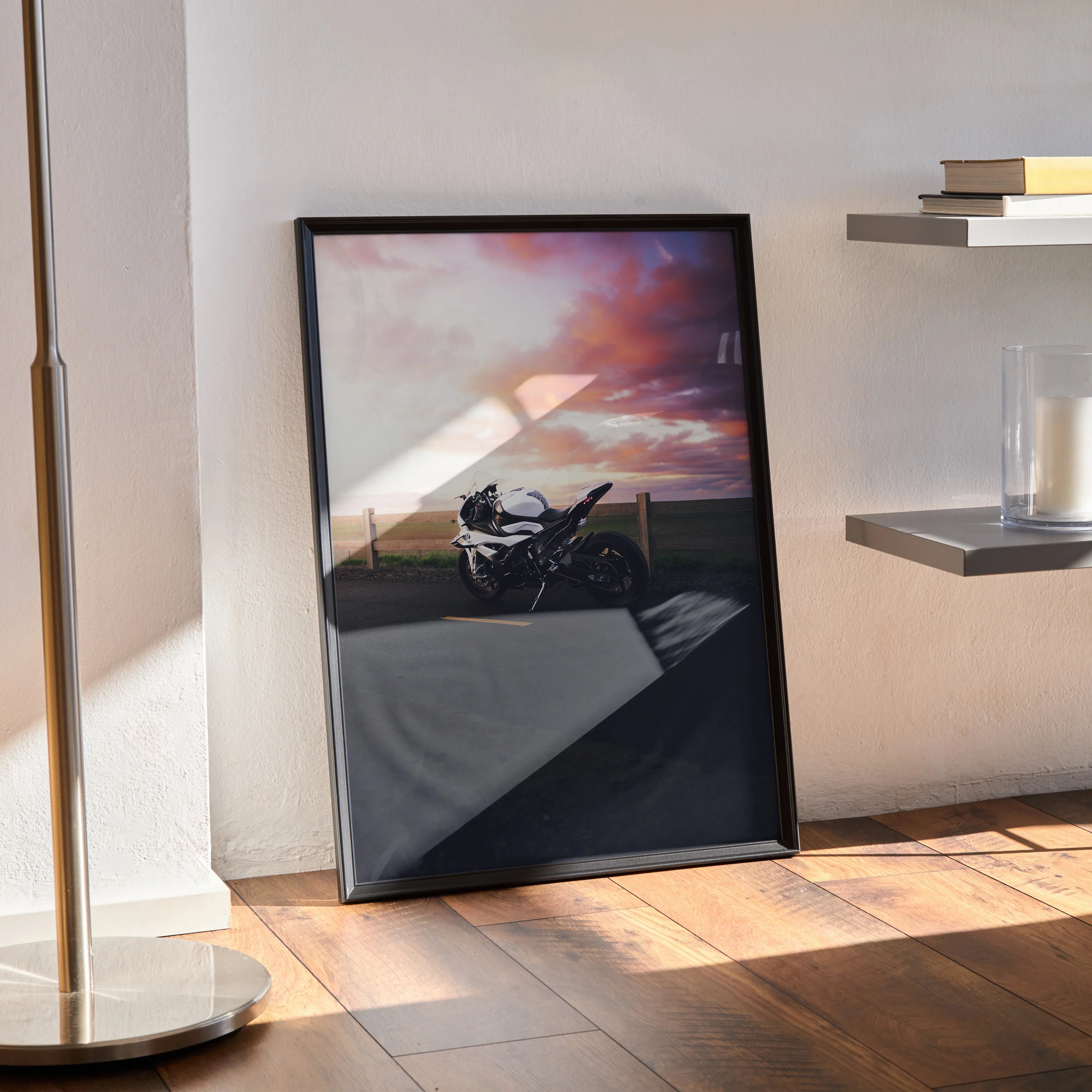 BMW S1000RR motorcycle poster with sunset background in black frame wall art.