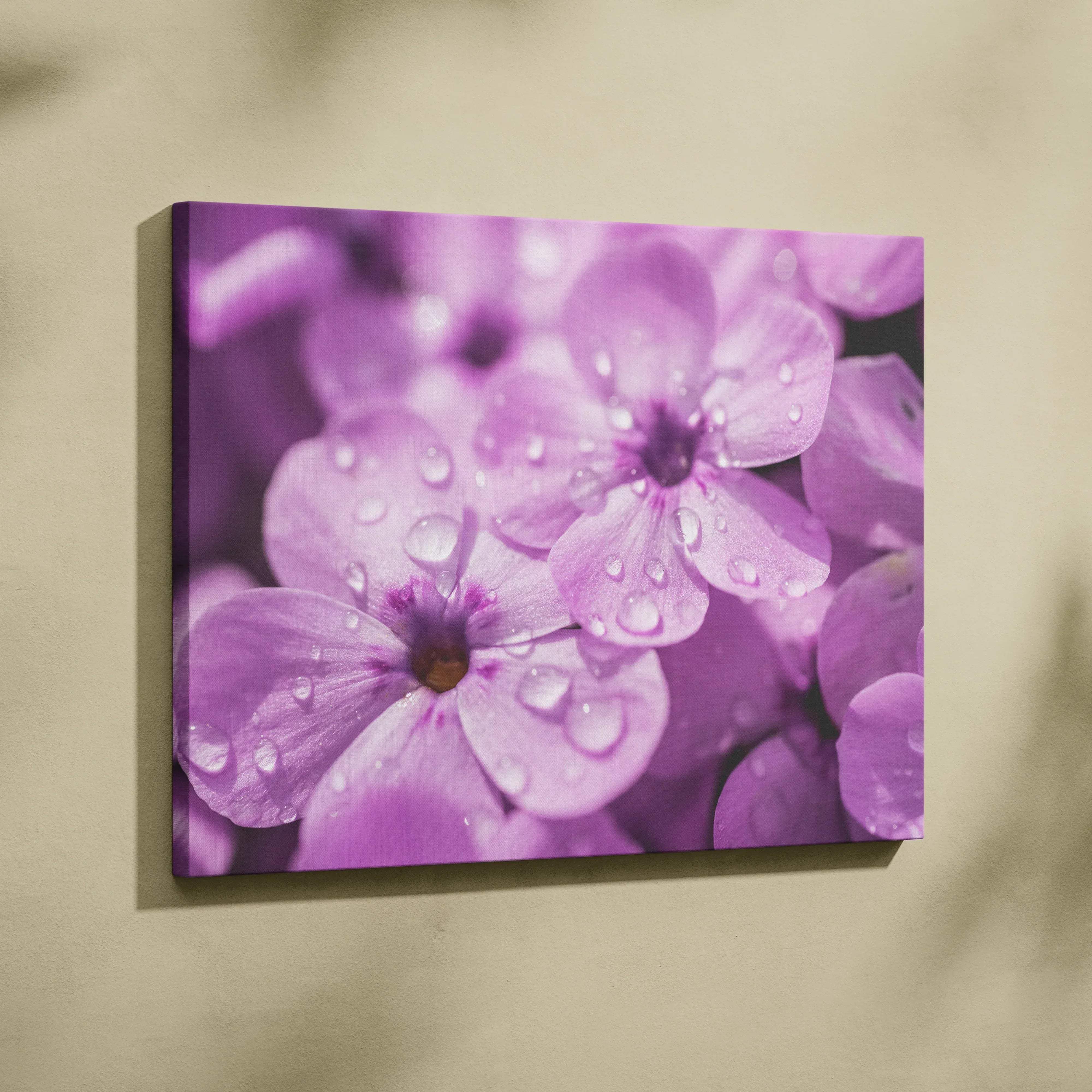 Purple floral canvas print featuring delicate cherry blossoms with glistening dew drops for living room wall art