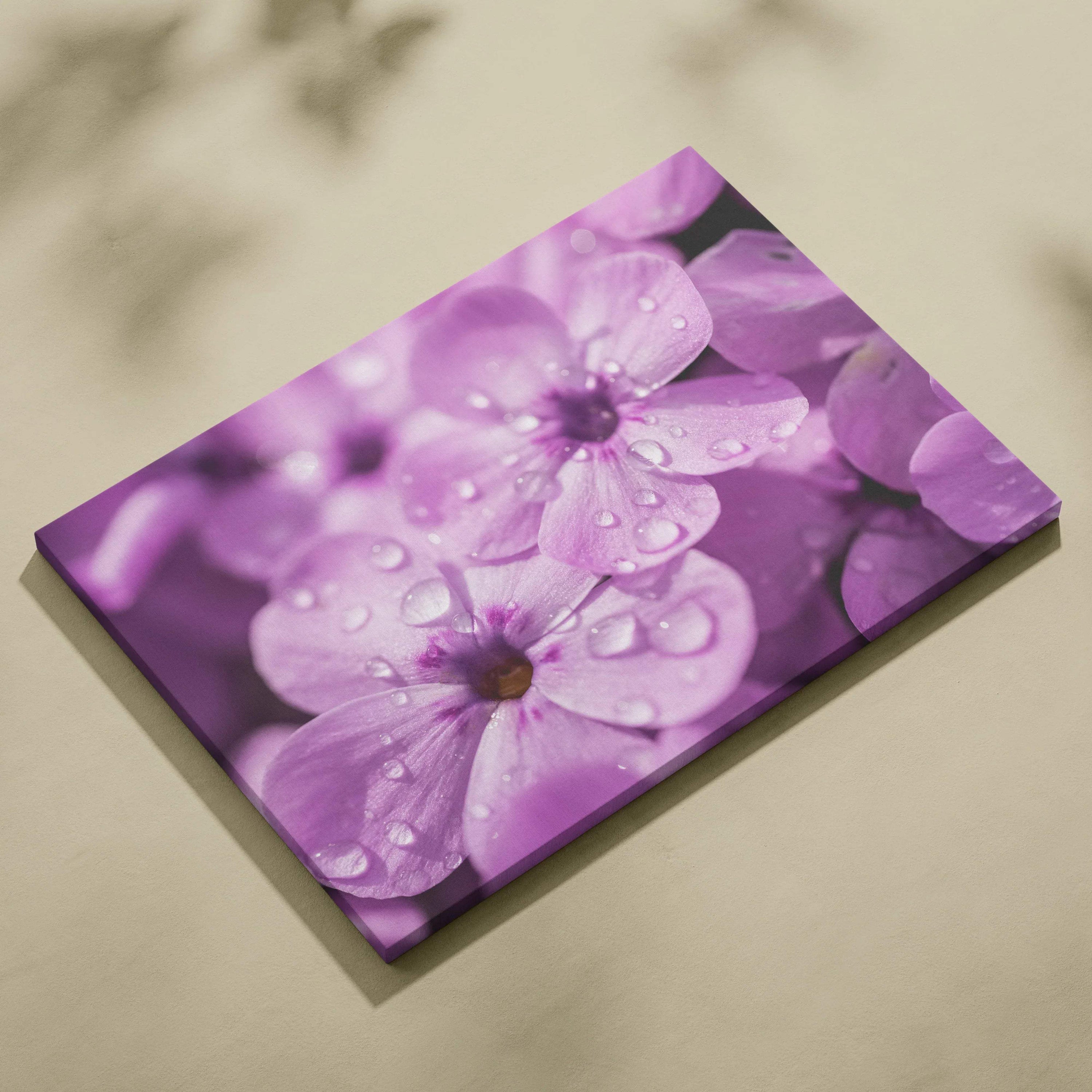 Purple cherry blossom petals with water droplets on high-resolution canvas wall art.