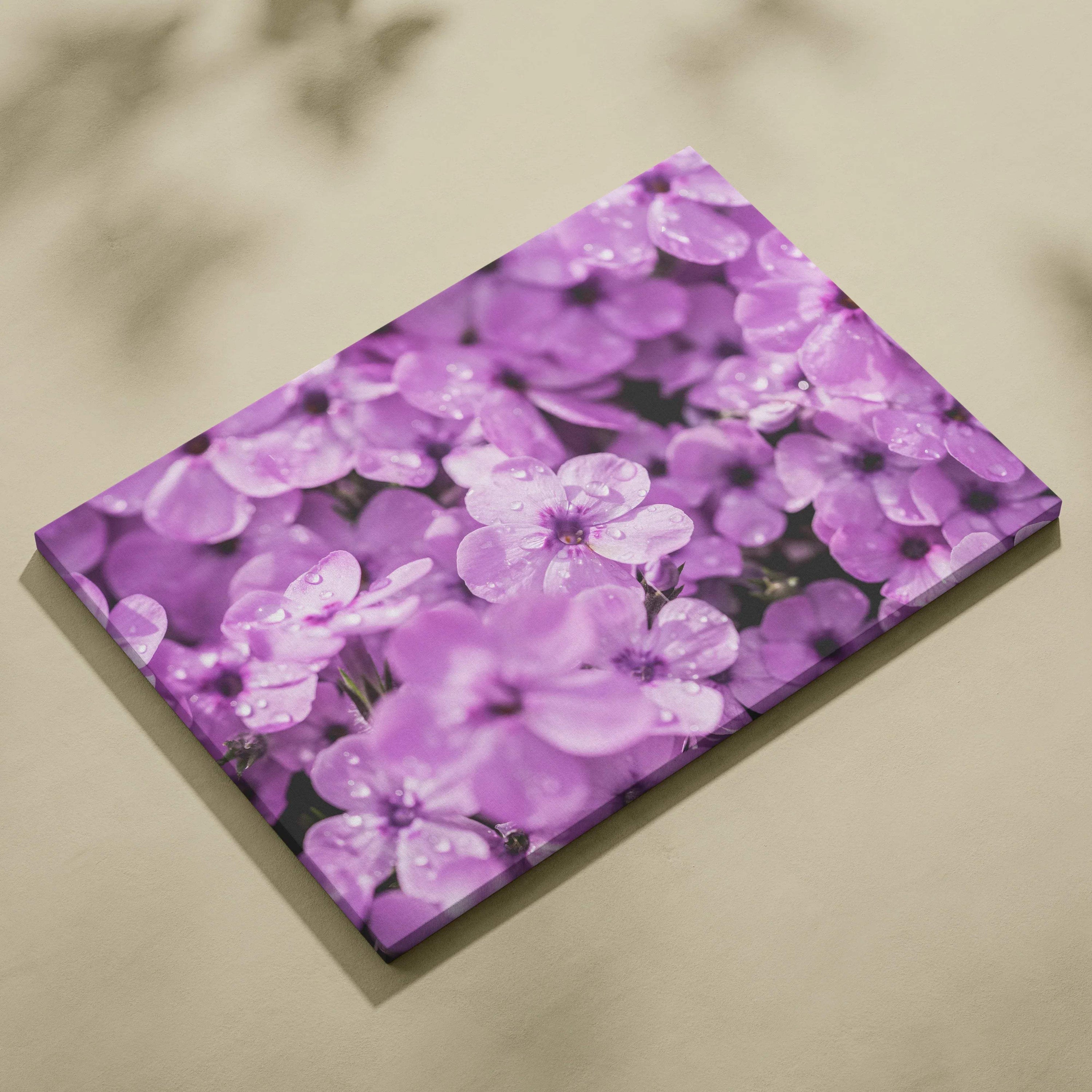 Purple floral canvas wall art with blooming hydrangea flowers in high resolution.