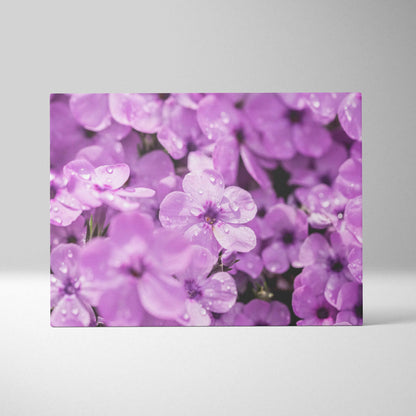 Purple floral canvas wall art with blooming flowers and water droplets, decorative home art decor.