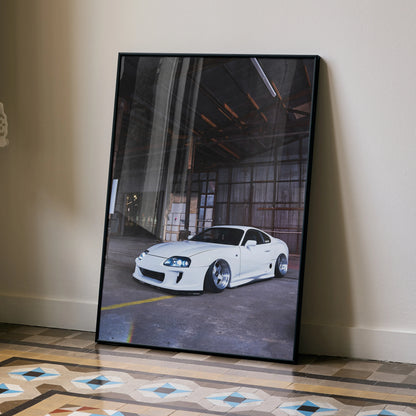 Toyota Supra MK4 white sports car poster leaning against wall, high-resolution automotive wall art.