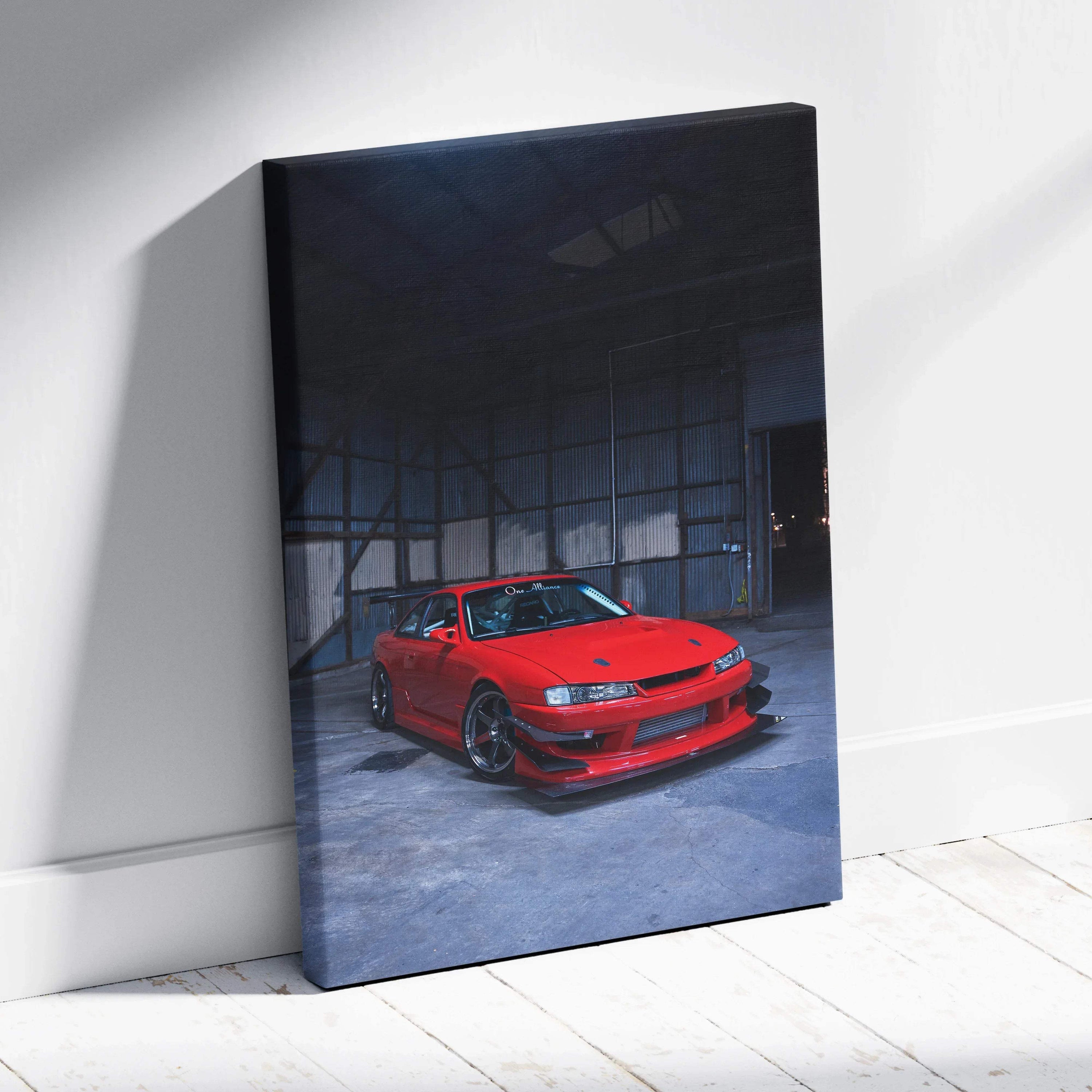 Red Nissan 240sx S14 Kouki car canvas wall art with dark industrial background vertical canvas art.
