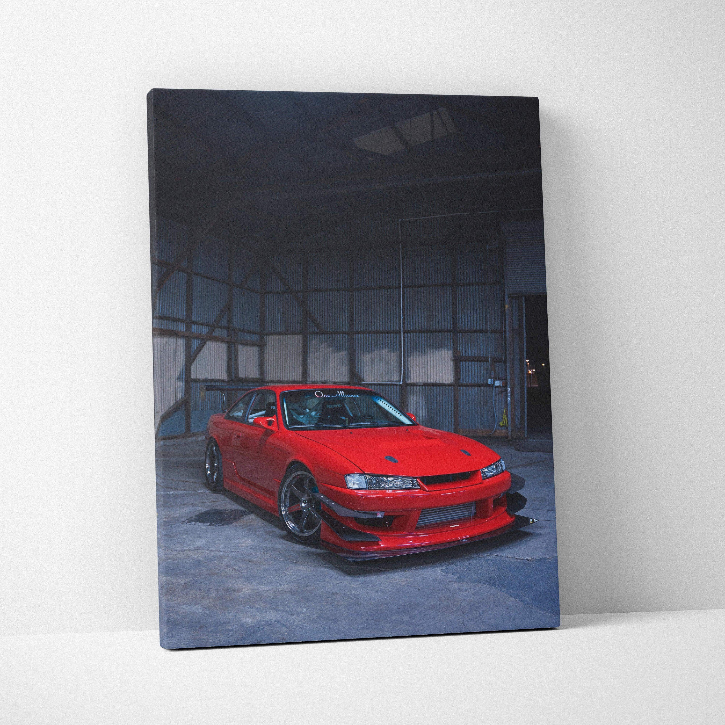 Red Nissan 240sx S14 Kouki car canvas wall art with dark industrial background, vertical canvas art.