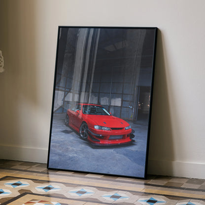 Red Nissan 240sx S14 Kouki car poster leaning on wall, automotive wall art.