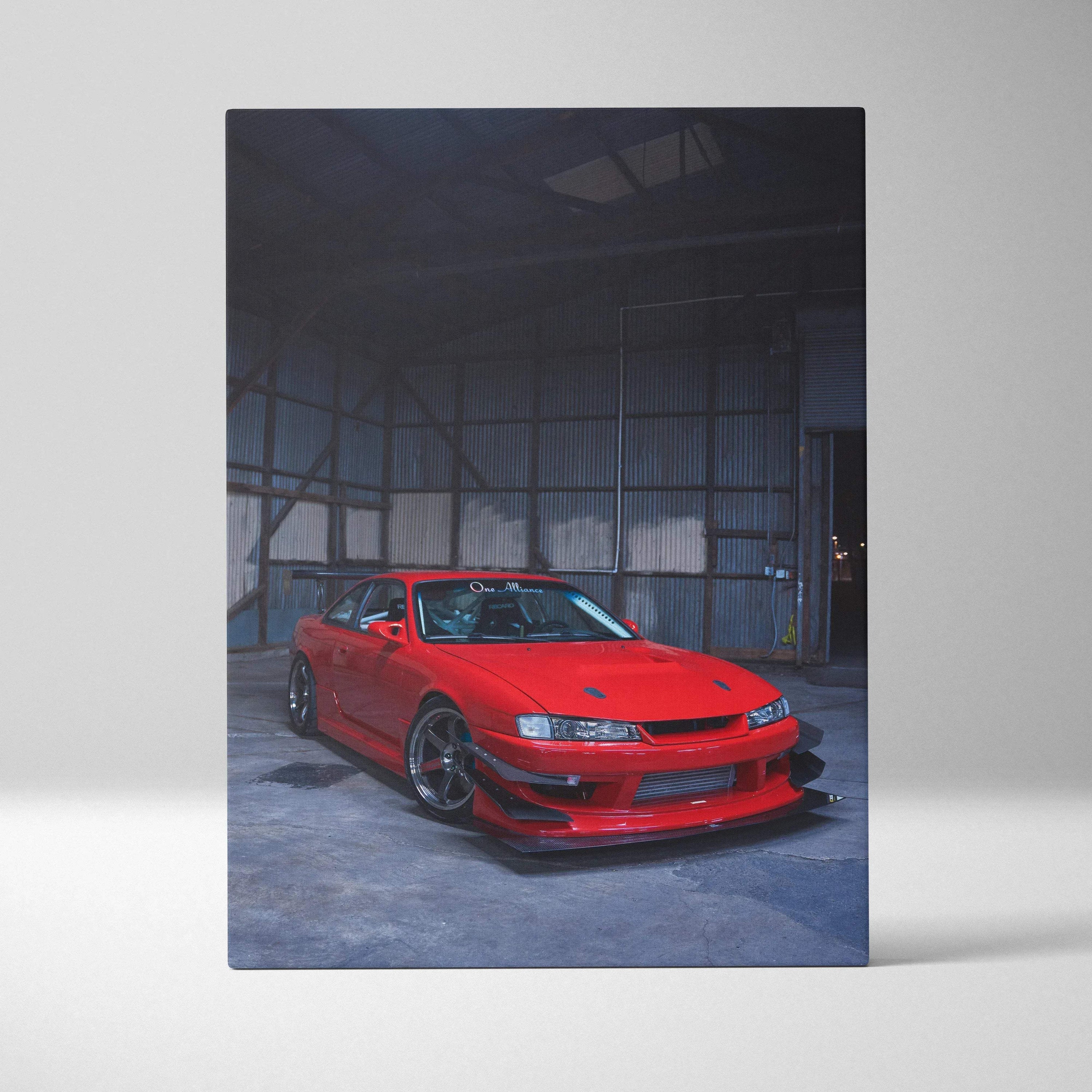 Red Nissan 240sx S14 Kouki car canvas wall art with dark industrial background, vertical canvas art print.