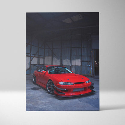 Red Nissan 240sx S14 Kouki car canvas wall art with dark industrial background, vertical canvas art print.