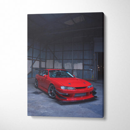 Red Nissan 240sx S14 Kouki car on vertical canvas wall art with dark industrial background.