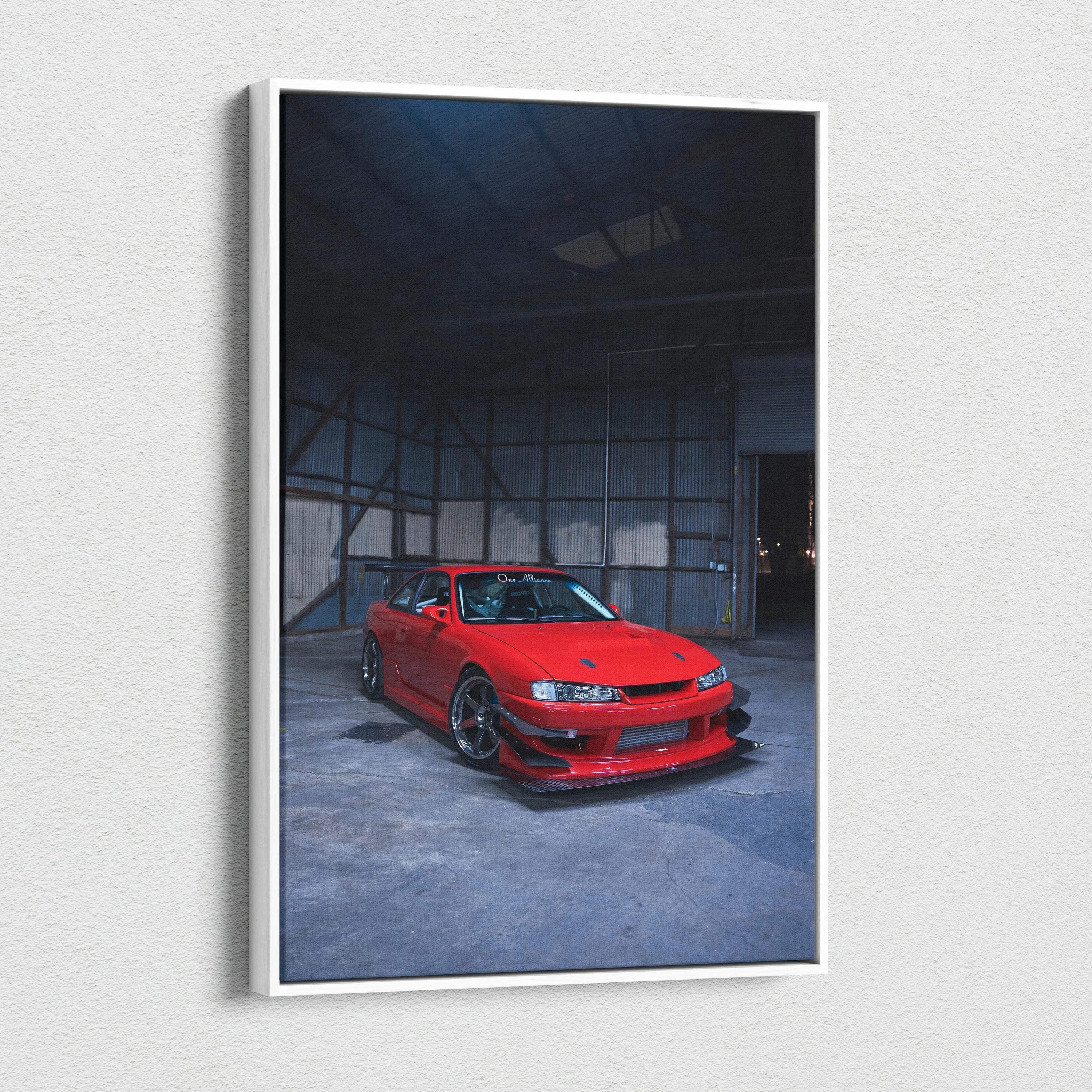Red Nissan 240sx S14 Kouki car in dark industrial warehouse canvas wall art.