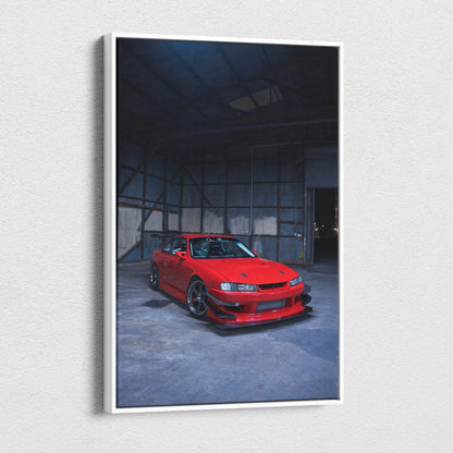 Red Nissan 240sx S14 Kouki car in dark industrial warehouse canvas wall art.