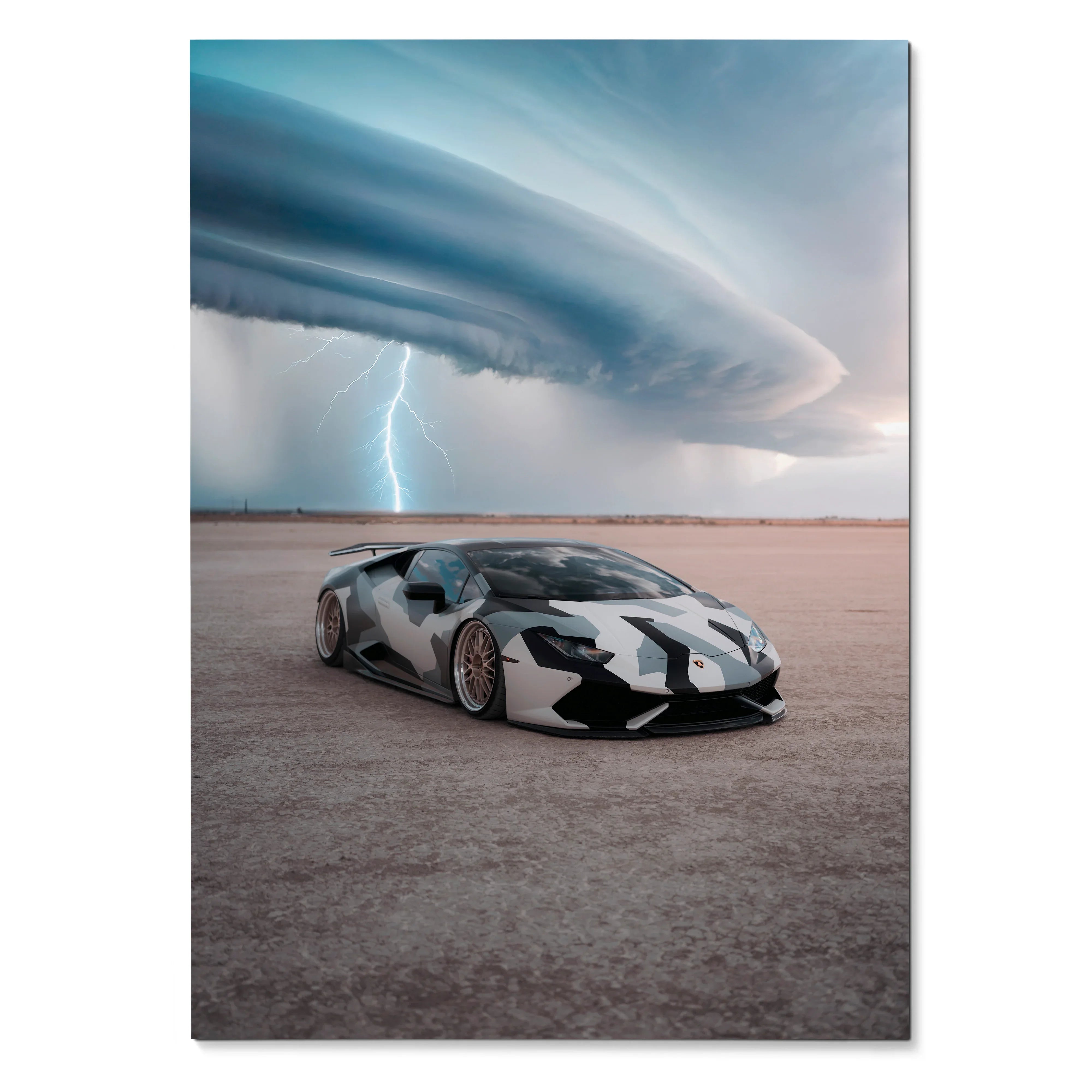 Lamborghini Huracan poster wall art with stormy sky and lightning background.