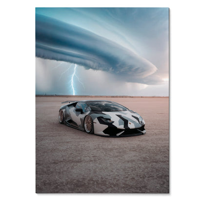 Lamborghini Huracan poster wall art with stormy sky and lightning background.