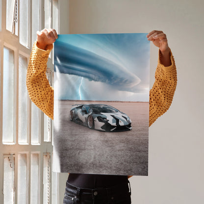 Lamborghini Huracan poster with stormy sky background, high-resolution wall art.