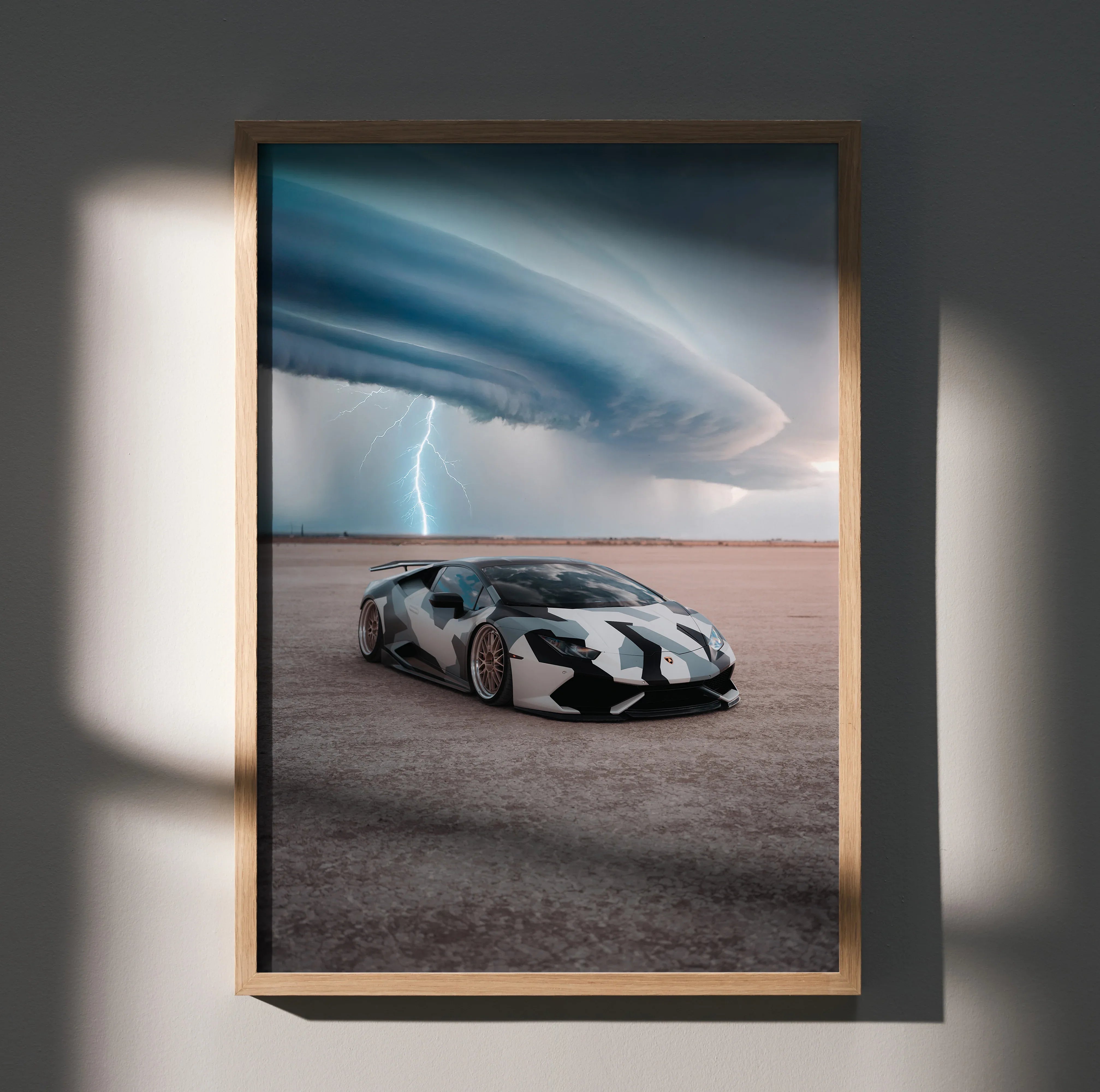 Lamborghini Huracan parked on desert floor under dramatic storm clouds poster wall art.