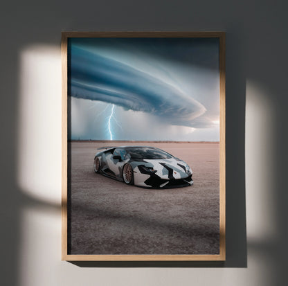 Lamborghini Huracan parked on desert floor under dramatic storm clouds poster wall art.
