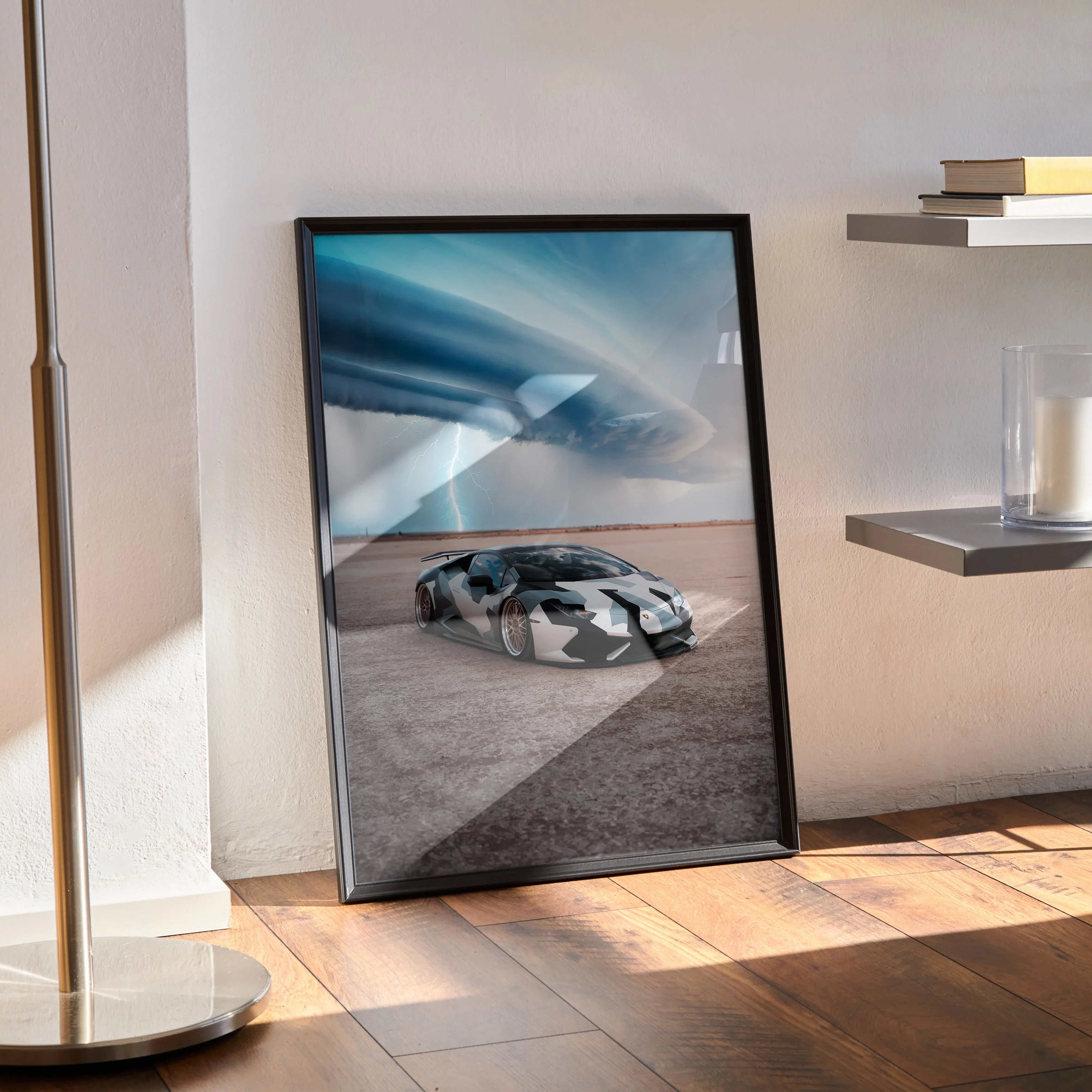 Lamborghini Huracan poster in black frame leaning against wall, modern wall art with blue sky background.