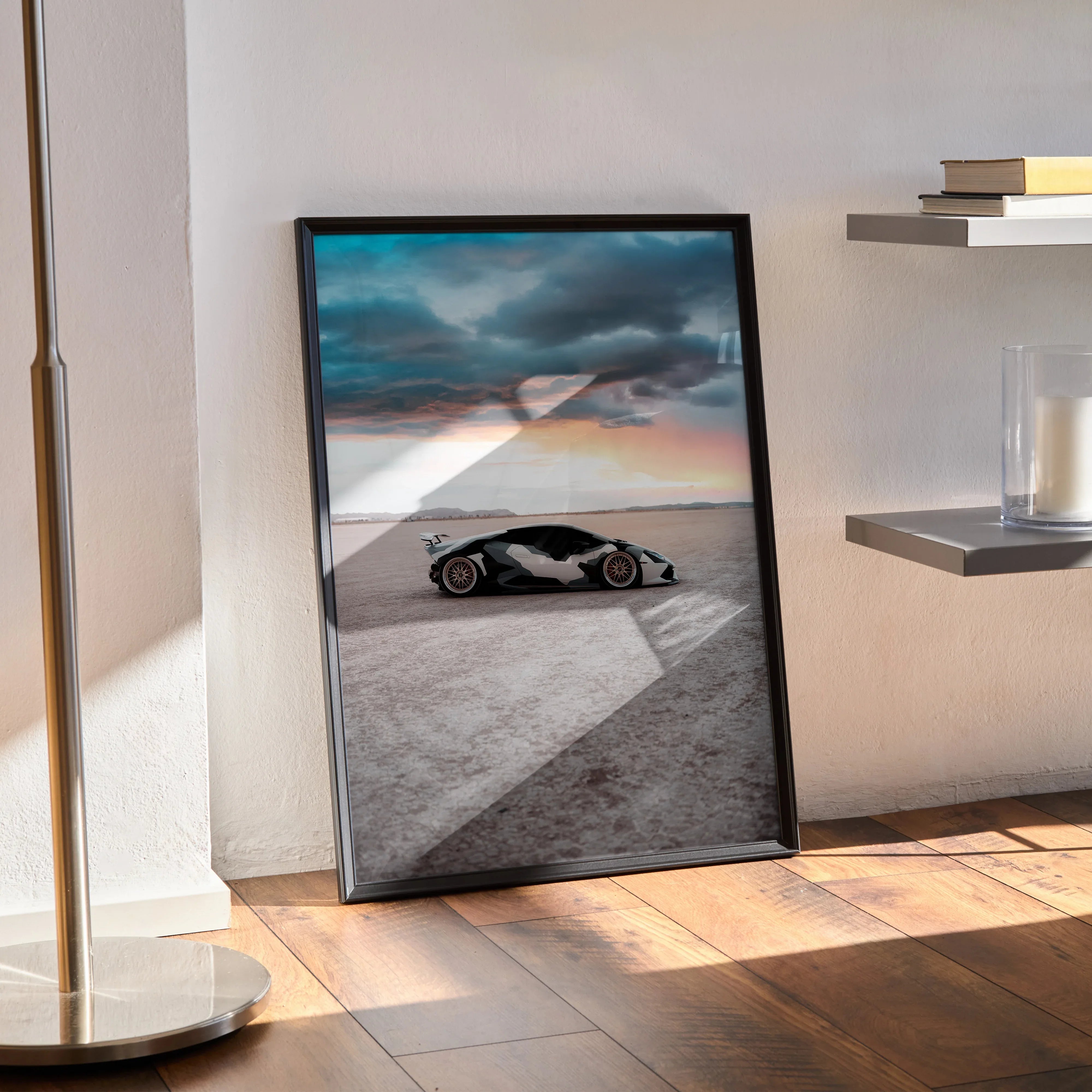 Lamborghini Huracan poster with black frame showing sports car on desert road at sunset wall art.