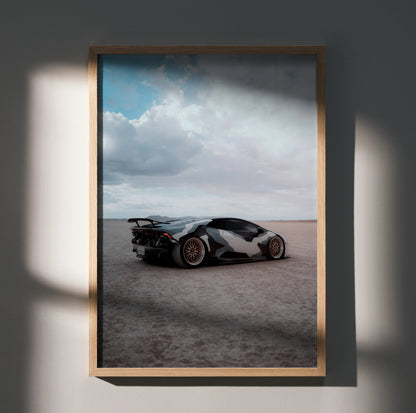 Lamborghini Huracan poster showing sleek white sports car on desert landscape wall art.