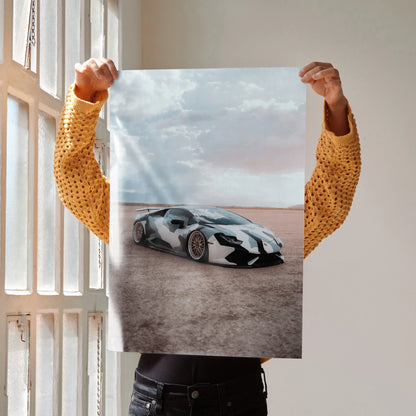 Lamborghini Huracan on desert road high-resolution poster wall art with cloudy sky backdrop.