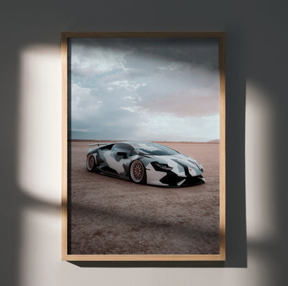 Lamborghini Huracan in desert setting poster wall art with cloudy sky and sleek design.