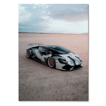 Lamborghini Huracan in black and white camouflage design on desert landscape poster wall art.