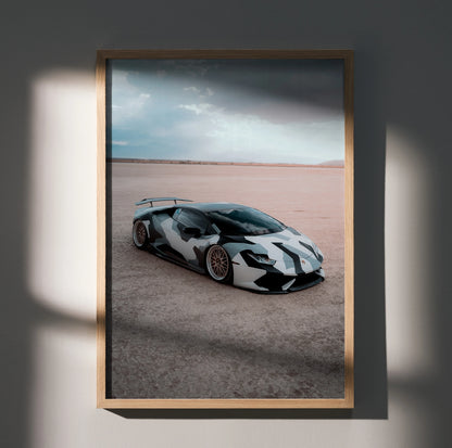 Lamborghini Huracan black and white sports car poster with desert background wall art in wooden frame.