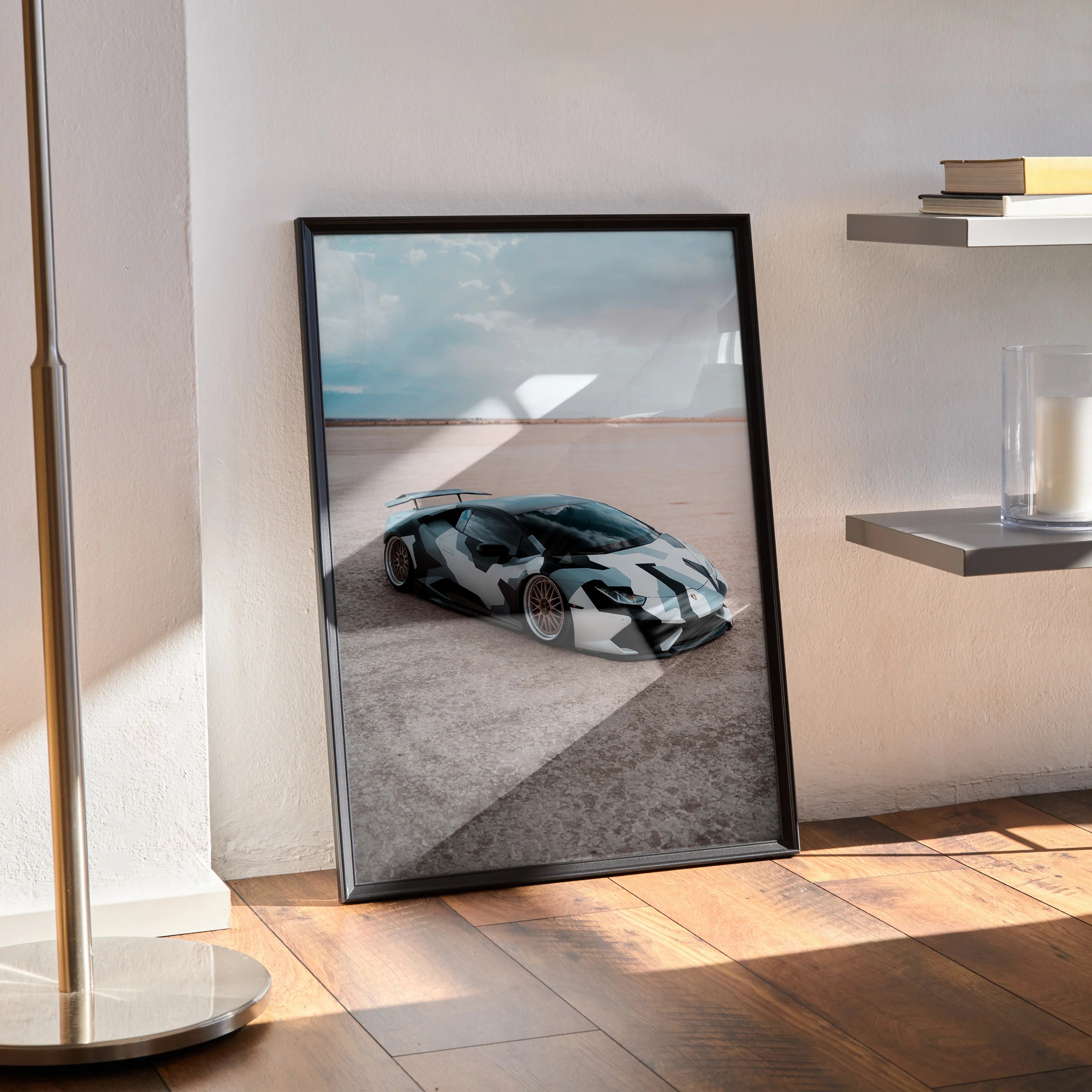 Lamborghini Huracan poster wall art featuring sleek black sports car against blue sky backdrop.