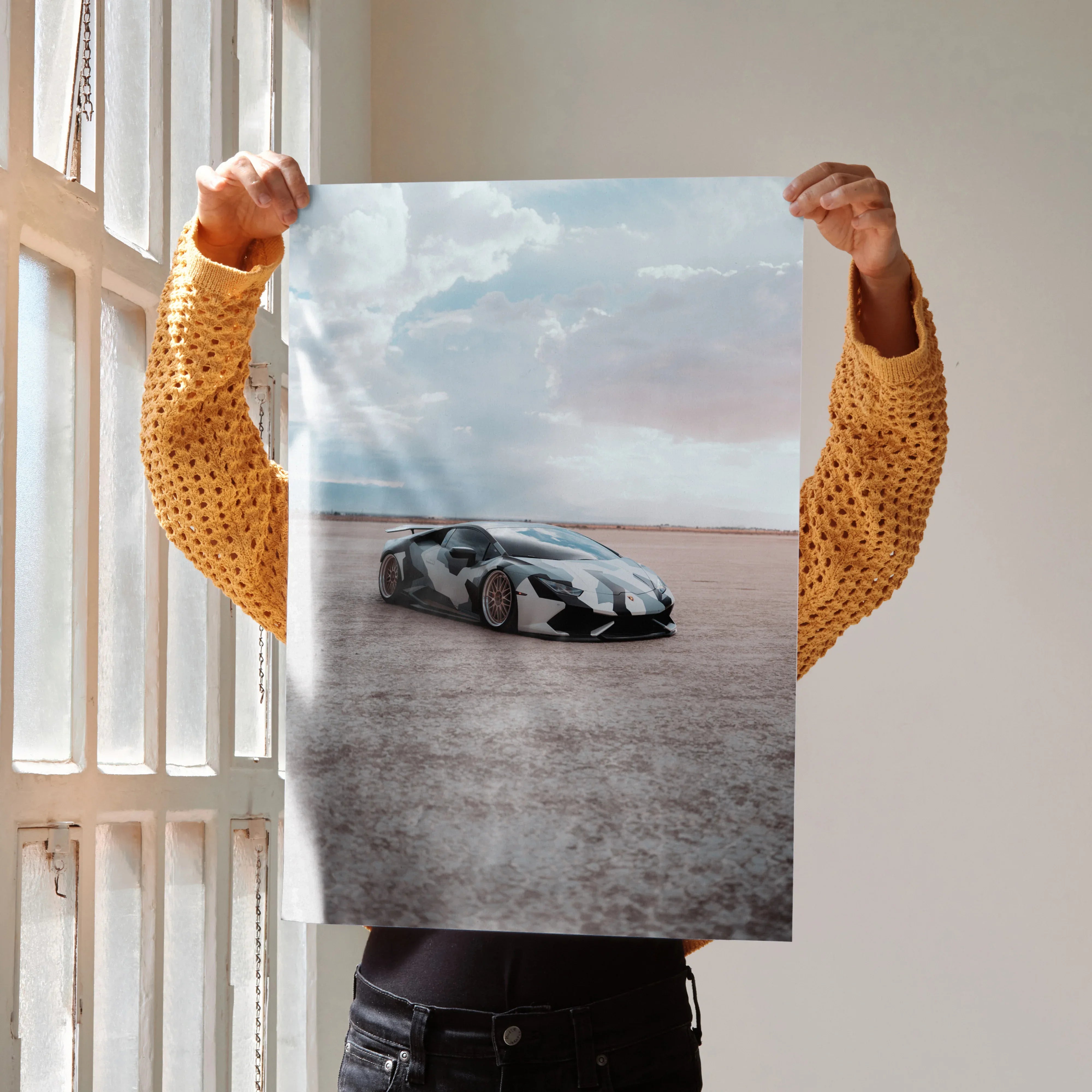 Lamborghini Huracan black sports car on desert road poster wall art.