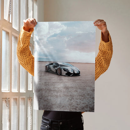 Lamborghini Huracan black sports car on desert road poster wall art.