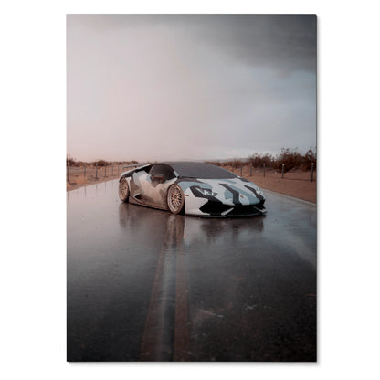 Lamborghini Huracan on wet road under moody sky poster wall art.