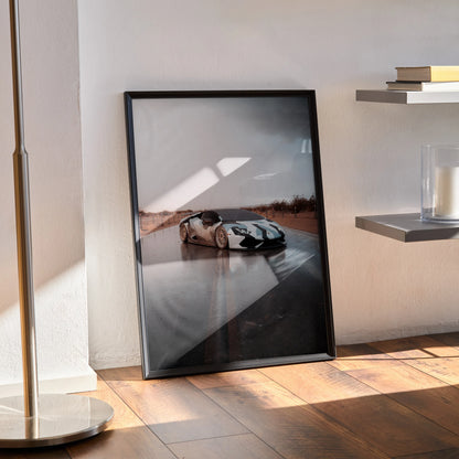 Lamborghini Huracan high resolution poster with sleek black frame leaning on wall as modern wall art.