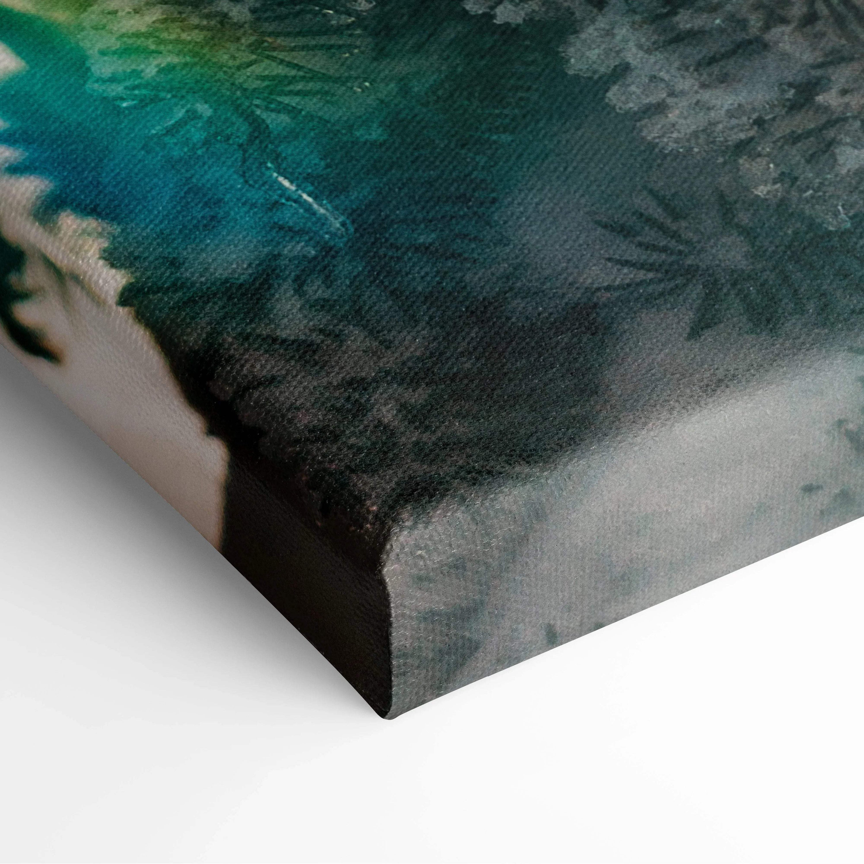 Close-up of canvas wall art showing textured digital painting of snowy trees in dark green and gray tones.