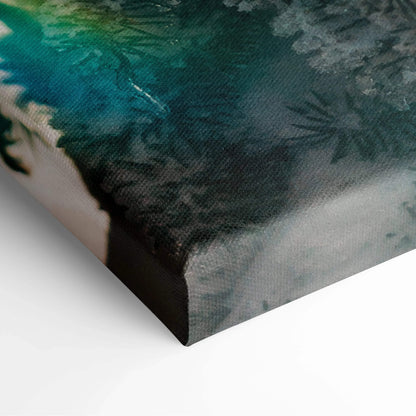 Close-up of canvas wall art showing textured digital painting of snowy trees in dark green and gray tones.
