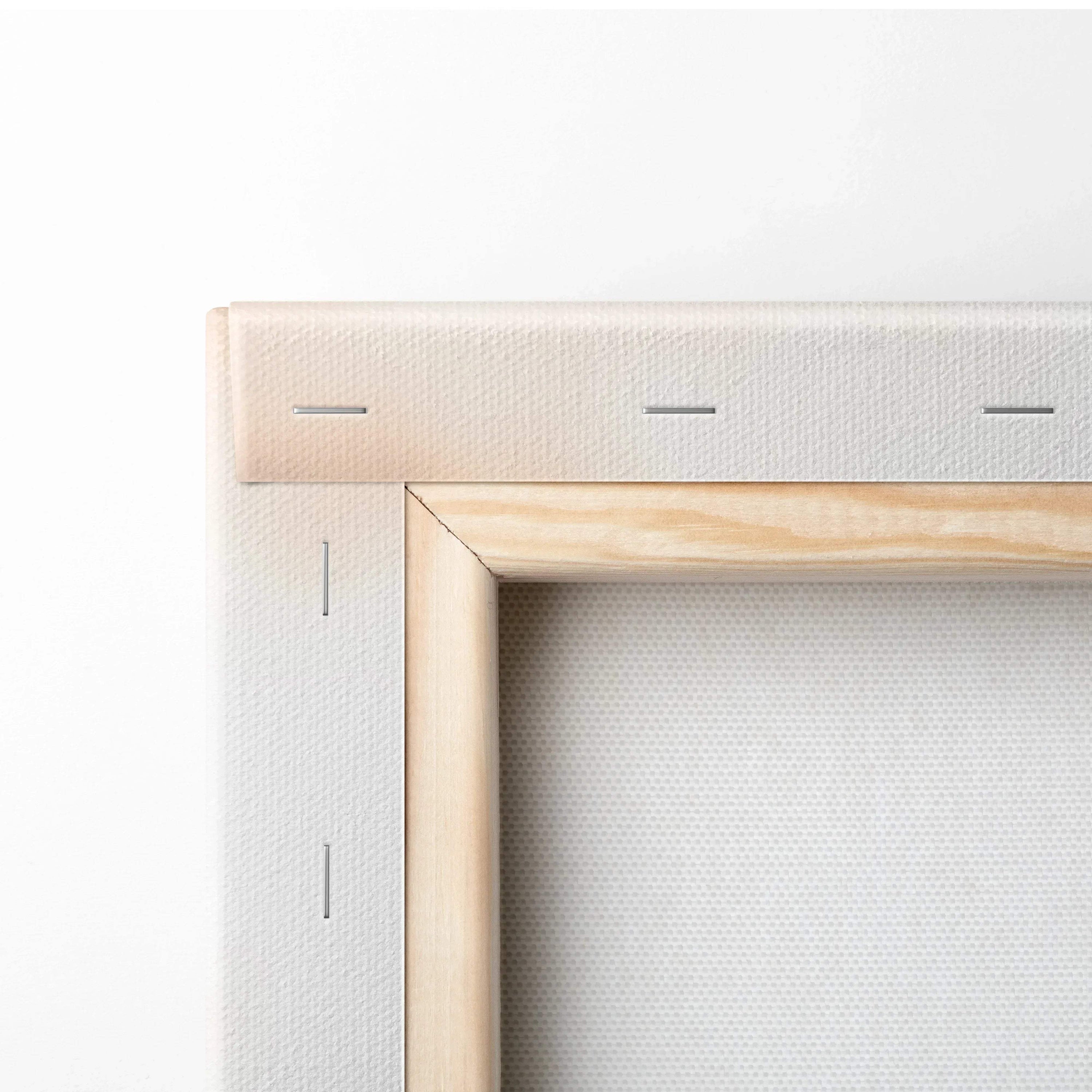 Close-up of blank white stretched canvas with natural wood frame and metal staples for wall art decor.