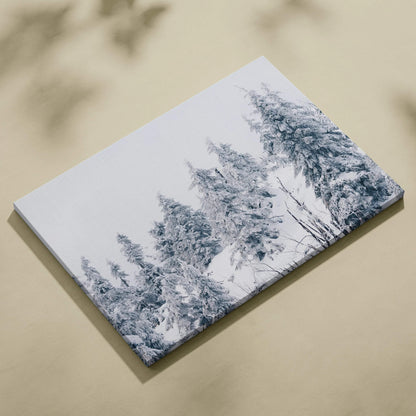 Canvas wall art featuring a high-resolution snowy forest scene in cool blue and white tones.