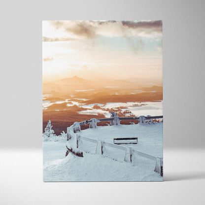Winter snowy sunset landscape canvas wall art with frosted wooden fence and soft pastel sky decor.