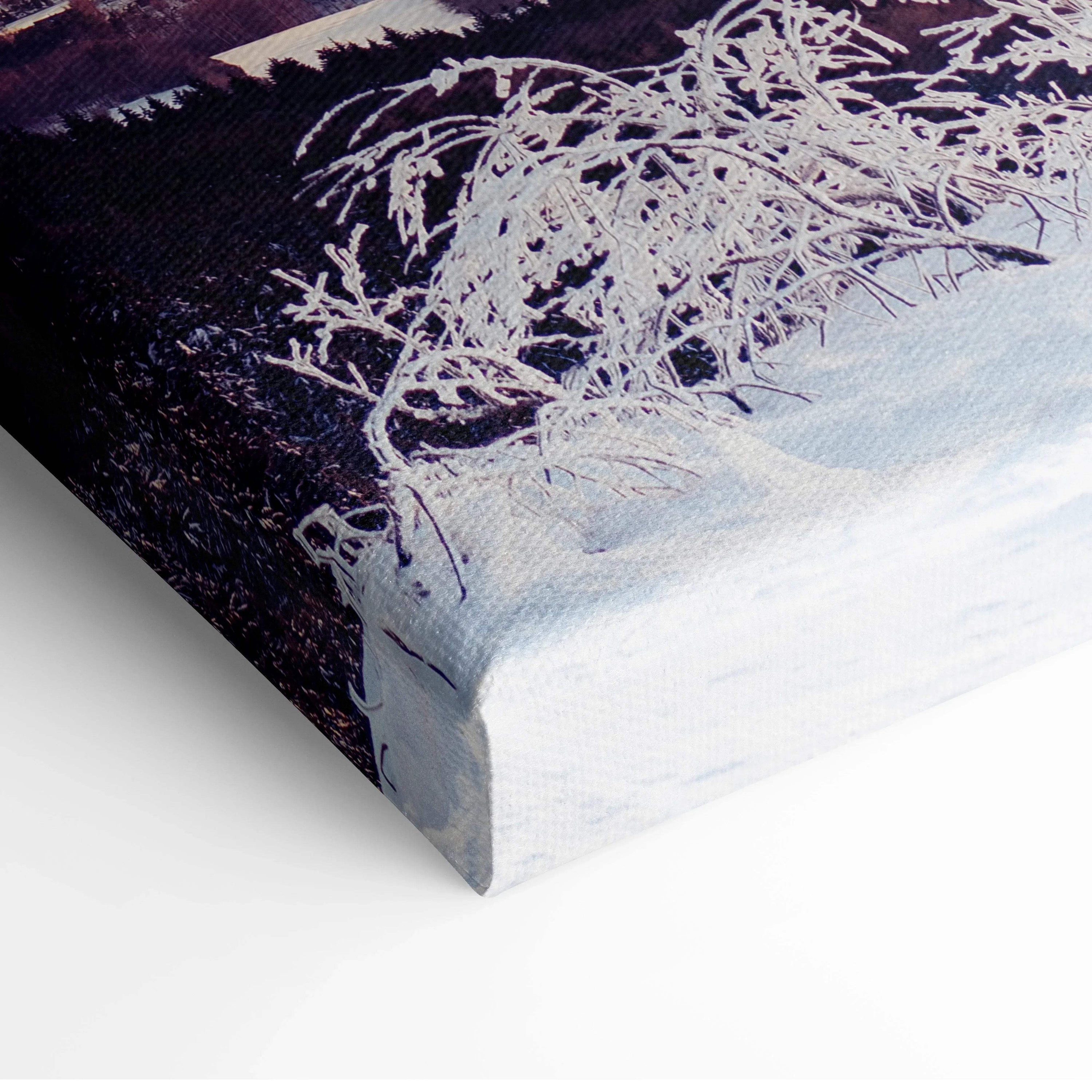 Canvas wall art featuring a snowy winter scene with delicate white branches against a dark purple and orange sunset sky.