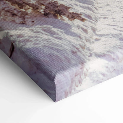 Close-up of digital winter wall art canvas showing textured fabric with snow-covered tree branches in soft neutral tones.